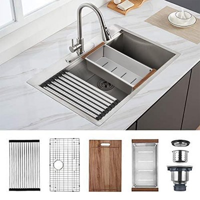 HausinLuck Stainless Steel Modern Drop-In Top Mount Single Bowl Kitchen Sink Workstation with Accessories