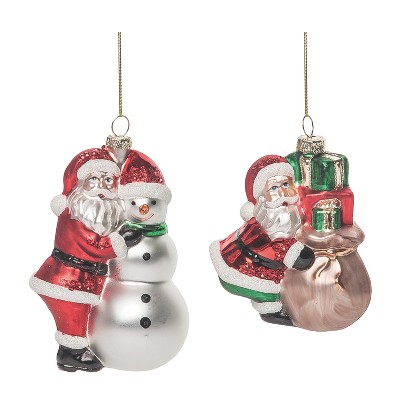 Transpac Glass Santa/Snowman Gift Ornament Set of 2 Christmas Home Decorations