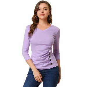 INSPIRE CHIC Women's V Neck 3/4 Sleeves Solid Knitted Buttons Decor Ruched Blouse - 1 of 4