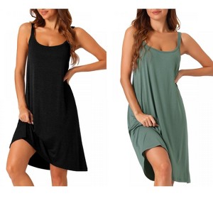 cheibear Women's Cross Back Spaghetti Straps Suspenders Pajama Dress 2 Pcs - 1 of 4