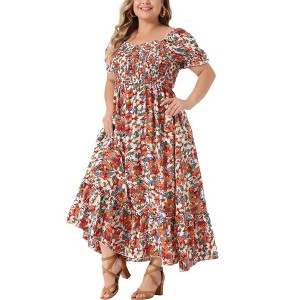 Agnes Orinda Women's Plus Size Floral Short Sleeve Shirred Square Neck Maxi Empire Waist Dresses - 1 of 4
