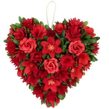 Northlight Mixed Floral with Wooden Flowers Artificial Valentine's Day Heart Wreath - 12.25"