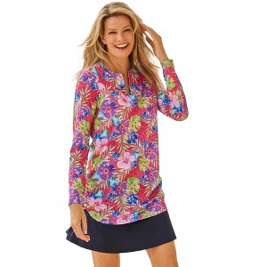 Swim 365 Women's Plus Size Split-Neck Long Sleeve Swim Tee With Built-In Bra - 1 of 4