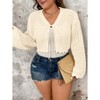 Coolmee Women's Plus Size Crochet Hollow Out Tie Front Long Sleeve Scallop Trim Crop Cardigan Sweater - 4 of 4