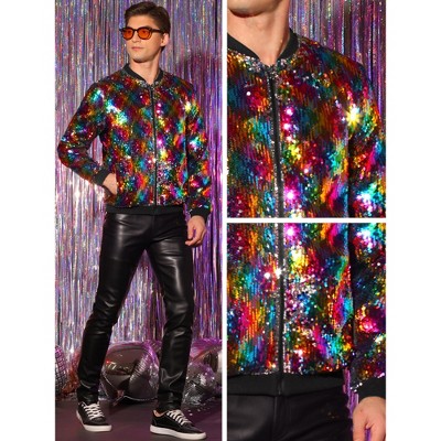 Lars Amadeus Men's Zip Up Long Sleeves Party Disco Sparkly Sequin Bomber Jacket Multicolor Large — фото 5
