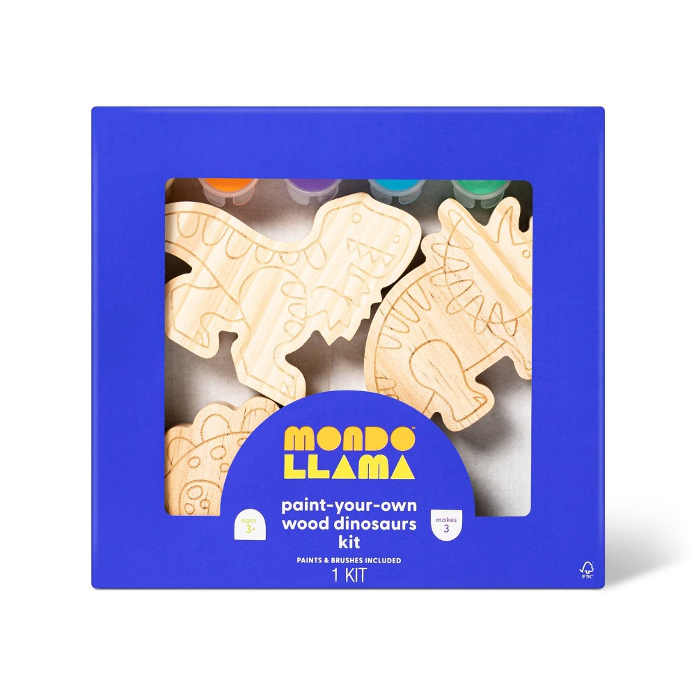 3pk Paint-Your-Own Wood Dinosaur Set - Mondo Llama™: Non-Toxic Craft Kit with Acrylic Paints & Brushes for Kids 3+