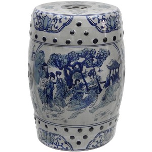 Oriental Furniture 18" Square Floral Blue And White Porcelain Garden Stool: Chinoiserie, Outdoor Patio Seating - 1 of 3