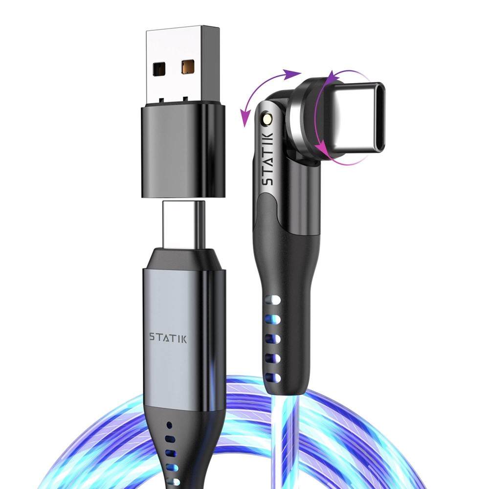 STATIK 3.3' PowerPivot Pro 360-Degree USB-C to USB-C Glowing LED Charging Cable: 480 Mbps Data Transfer