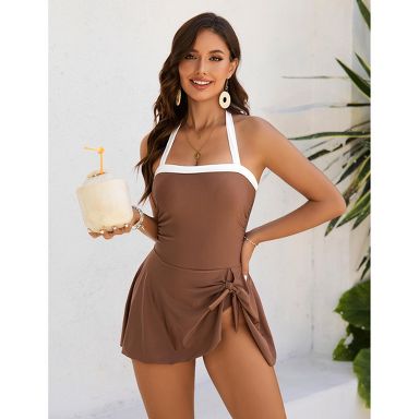 brown swim dress SHEWIN Swim Dress for Women, One Piece Tummy Control Swimsuit with Tie Knot  Skirt, Brown