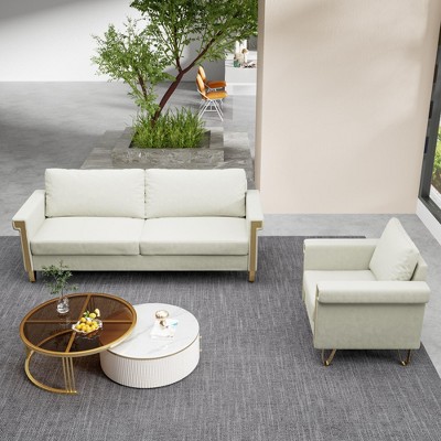 TiramisuBest Cream White Velvet Sofa and Armchair Set,Mid-Century Modern Living Room Furniture with Gold Metal Accents,Plush Couch and Matching Chair