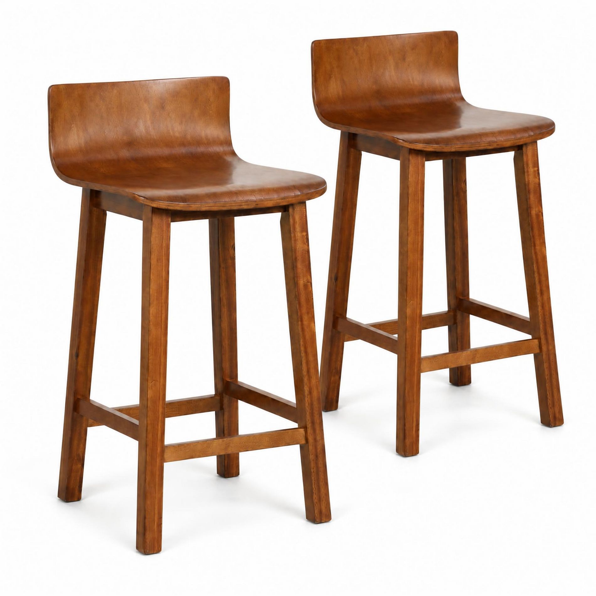 Costway 24.5" Wood Bar Stools Set of 2 with Solid Back & Seat Mid Century Bar Chairs Brown