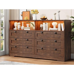 Dresser for Bedroom with Power Outlet, Modern 6 Drawer Dresser Wooden with LED Light, Large Capacity Storage Dressers Bedroom - 1 of 4