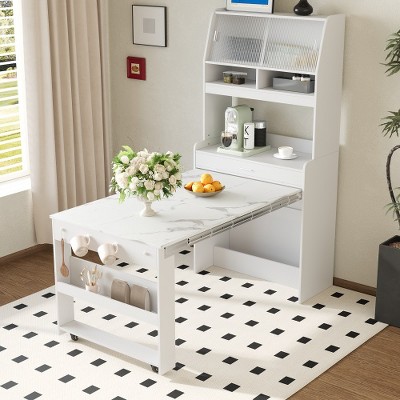 TiramisuBest 110" Foldable Dining Table with Hutch,Multifunctional Cupboard with Storage Shelf and Side Hooks for Small Places,Apartment