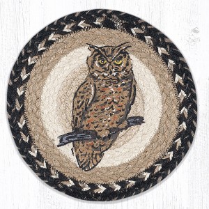 Earth Rugs Owl Round Trivet – 10"x10" Rustic Braided Natural Fiber Hot Pad with Woodland Bird Print - 1 of 3