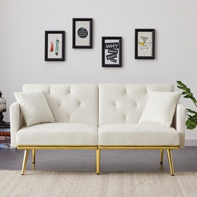 Velvet Futon Sofa Bed, Convertible Sofa Bed With Adjustable Backrest, Loveseat Sleeper Bed With 6 Metal Legs, Modern Futon Couch For Living Room