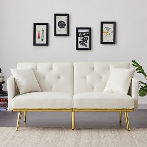 Velvet Futon Sofa Bed, Convertible Sofa Bed With Adjustable Backrest, Loveseat Sleeper Bed With 6 Metal Legs, Modern Futon Couch For Living Room - 1 of 4