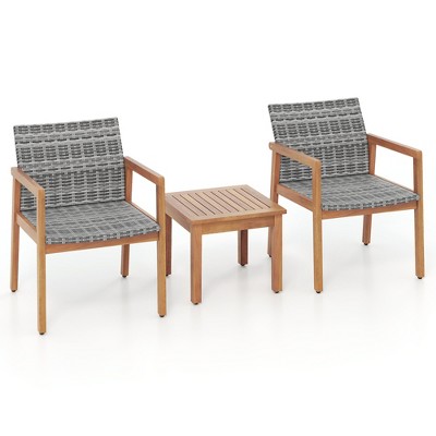 Tangkula 3 Pieces Patio Furniture Set PE Rattan Patio Bistro Set with Chairs & Coffee Table Outdoor Acacia Wood Conversation Set for Garden