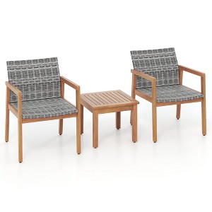 Tangkula 3 Pieces Patio Furniture Set PE Rattan Patio Bistro Set with Chairs & Coffee Table Outdoor Acacia Wood Conversation Set for Garden - 1 of 4