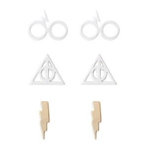 Harry Potter Stud Earrings Set, 3 Pairs - Harry Glasses, Lightning Bolt, Deathly Hallows - 1 of 4