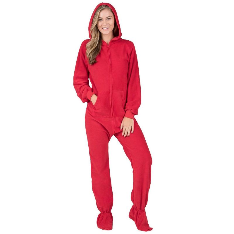 Footed Pajamas - Bright Red Adult Hoodie Fleece Onesie, 2 of 5