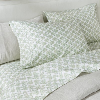Full White and Green Cotton Percale Floral Sheet Set