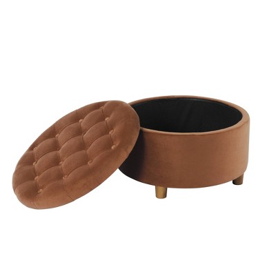 Spice Velvet Round Tufted Storage Ottoman with Oak Legs