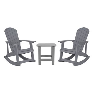 Emma and Oliver Set of 2 Classic All-Weather Poly Resin Rocking Adirondack Chairs in Gray with Matching Side Table for Year Round Use - 1 of 4