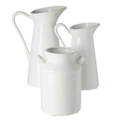 Farmlyn Creek 3 Piece Set Ceramic Pitcher Vases for Home Decor, Small White Centerpieces for Living Room, 3 Sizes