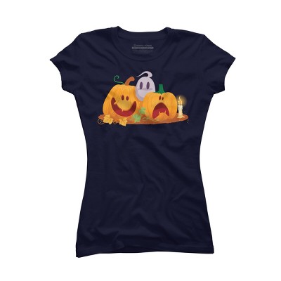 Junior's Design By Humans Halloween Cartoon Pumpkins And Ghost By VectorVillain T-Shirt