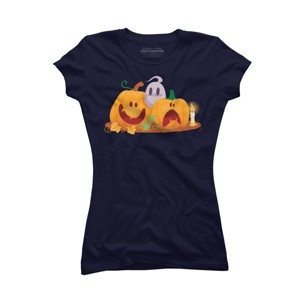Junior's Design By Humans Halloween Cartoon Pumpkins And Ghost By VectorVillain T-Shirt - 1 of 3