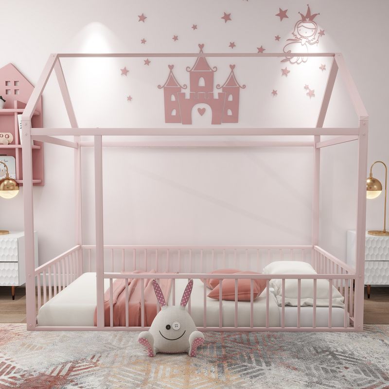 Twin/Full Size Metal Bed House Bed Frame with Fence, Floor Bed for Kids, Teens - ModernLuxe, 1 of 9