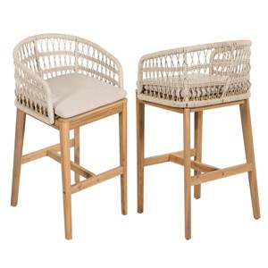 Indoor Wood Barstool Set with Rope Backrest, Teak Finish Barstool with Cushion, Set of 2 Barstools for Kitchen or Dining Room-Koiai - 1 of 4