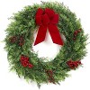 Coucheta 24 Inch Christmas Door Wreath - Large Outdoor Cypress with Berries Velvet Bow, Artificial Winter Xmas Greenery for Front Door - 2 of 4