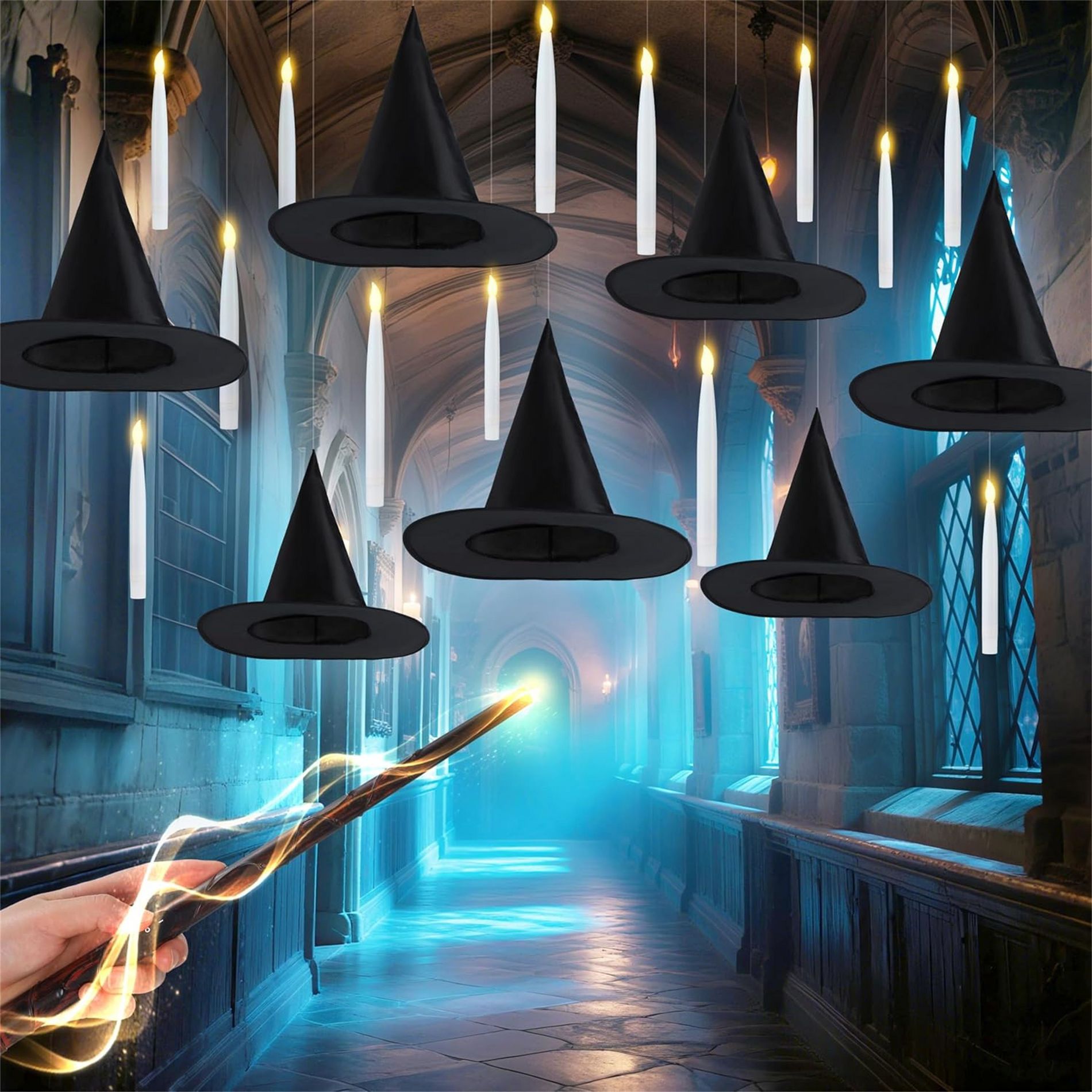 Joyfy 20 Pcs Halloween Magic Floating Candles and Witch Hat with Wand Set, with 2 Light Mode and Timer for Halloween Party Window Ceiling Decoration