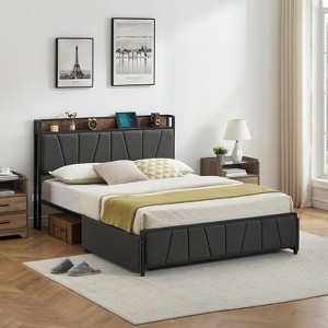 Whizmax Four Size Bed Frame with 2 Storage Drawers and Charging Station, Rustic Linen Upholstered Platform Bed Frame with Storage Headboard, Gray - 1 of 4