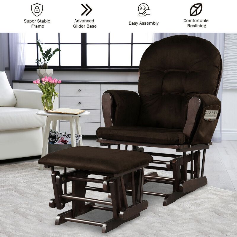 Costway Glider and Ottoman Cushion Set Wood Baby Nursery Rocking Chair Brown, 3 of 11
