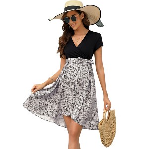 BLUEMING BLUEMING Womens Maternity High Waist Belted Wrap Dress Flowy A Line Color Block Fit Flared Dress - 1 of 4