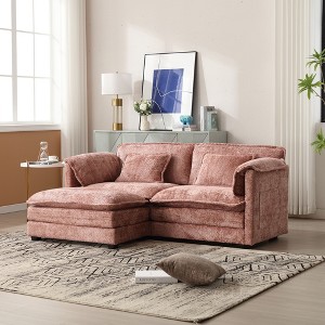 76.77'' Chenille Double Sofa with Removable Armrests L-Shaped Sectional Sofas, Footstool, and Convenient Side Pockets - 1 of 4