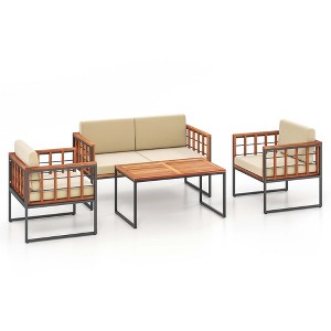 Tangkula Set of Outdoor 4 Acacia Wood Furniture Set with Heavy Duty Metal Frame Soft Seat & Back Cushions Beige - 1 of 4