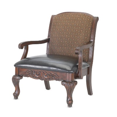 Traditional Walnut Finish Carved Accent Chair in Liza Brown