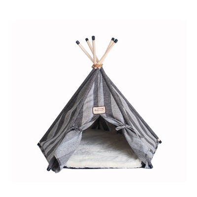 Gray Striped Teepee Style Small Cat Bed with Fiberfill
