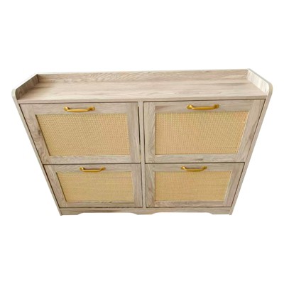Rattan Shoe Storage Cabinet with 4 Flip Drawers, Hidden Shoe Storage Organizer Cabinet, Freestanding Shoe Rack Cabinet for Entryway, Hallway, Foyer