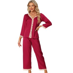 cheibear Women's Satin Lounge Sleepwear Night Suits V Neck Lace Trim Pajama Sets - 1 of 4