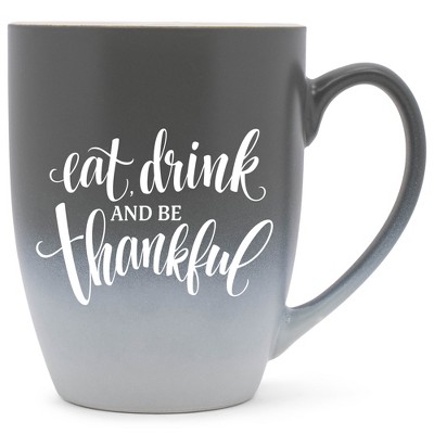 Elanze Designs Eat Drink And Be Thankful Two Toned Ombre Matte Gray and White 12 ounce Ceramic Stoneware Coffee Cup Mug