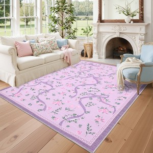 Washable Modern Floral Cute Bow Rug Non Slip Low Pile Rug Soft Contemporary Throw Floor Cover Foldable Indoor Carpet for Living Room Bedroom Nursery - 1 of 4