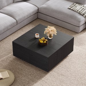 Lyngins 33.25" Square Coffee Table with 4 Drawers, Classic Wood Grain Finish Center Table, Sturdy Wood Construction, Versatile Living Room Table - 1 of 4
