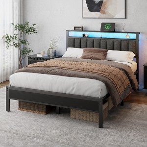 Queen Size bed frame with charging station and LED light gray upholstered headboard two-tier storage shelves no spring mattress required - 1 of 4