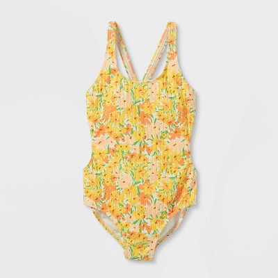 Girls' Floral Print One Piece Swimsuit - art class™ Yellow