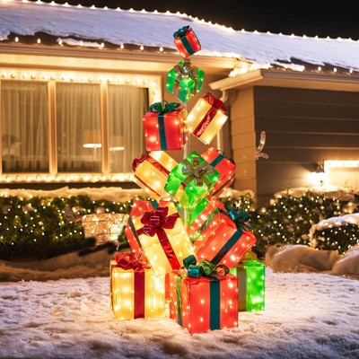 Costway 5.6 FT Pre-Lit Gift Box Tower with Bowknot & 483 LED Light Bulbs, Ground Stakes
