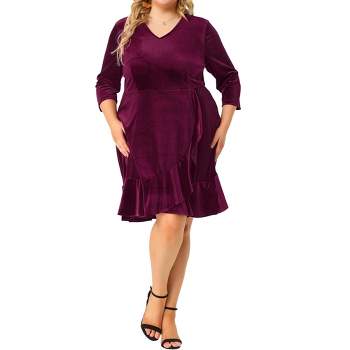 Agnes Orinda Women's Plus Size Stretch Velvet  Ruffle 3/4 Sleeve Party Bodycon Dress